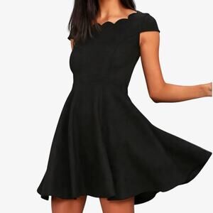 Lulus Black Sueded Whimsigoth Skater Dress M Scalloped Dearest Dreams Dark Fairy